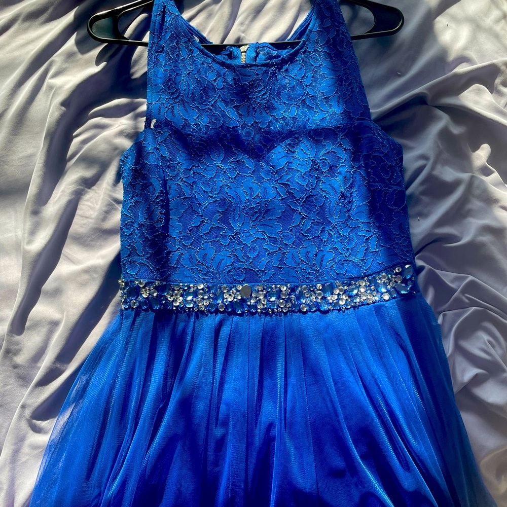 Tween dress, size 11, blue with gemstone belt, speechless brand, sheer skirt